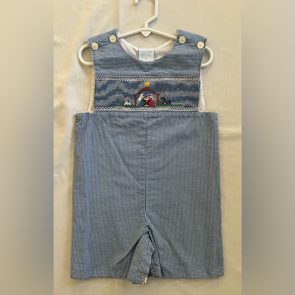 Blue Nativity Christmas Kids Smocked Overalls Shortall